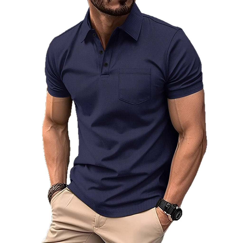 Slim-fitting Turtleneck Pocket Waffle Top with Short Sleeves