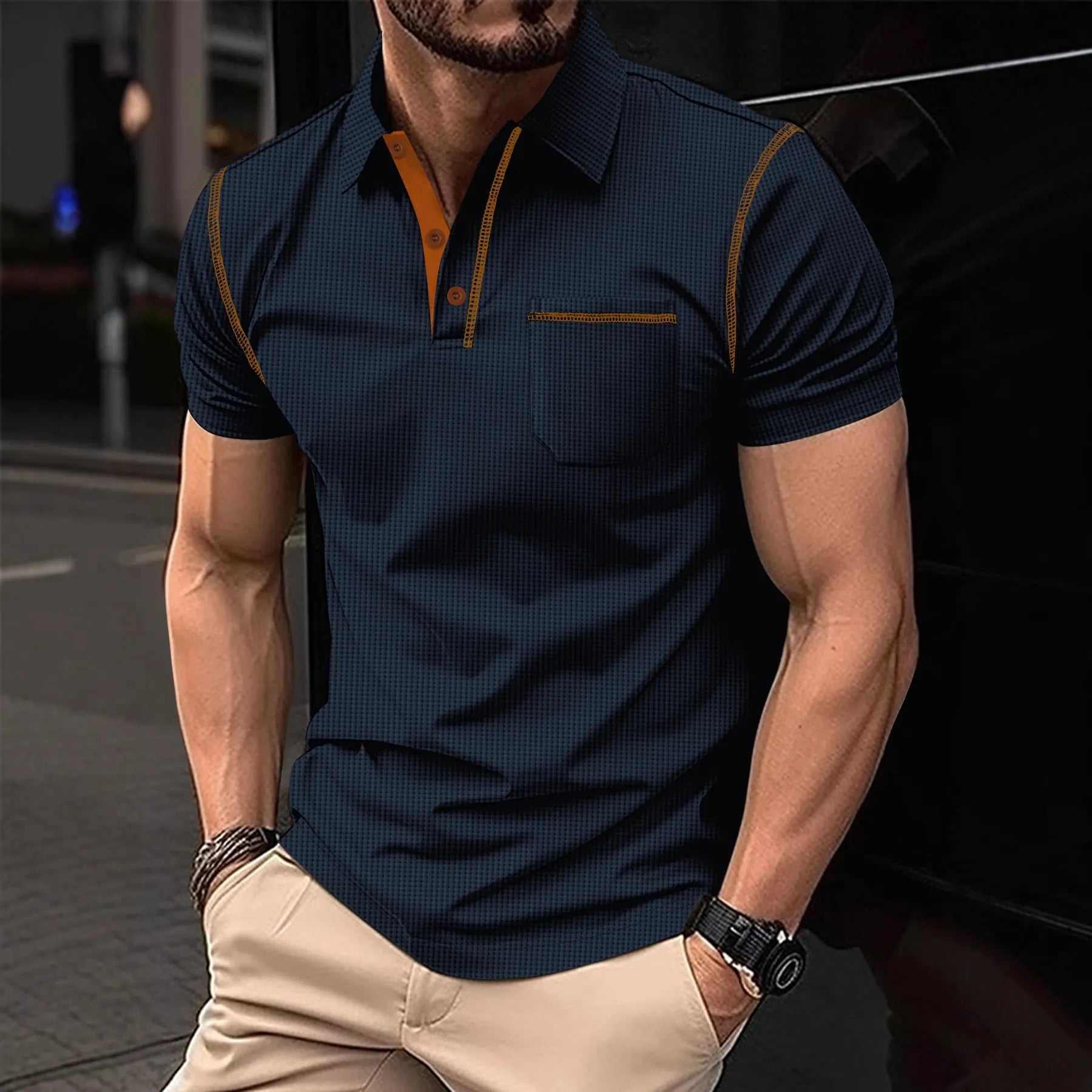 Men's Short-sleeved Color-blocked Polo Shirt