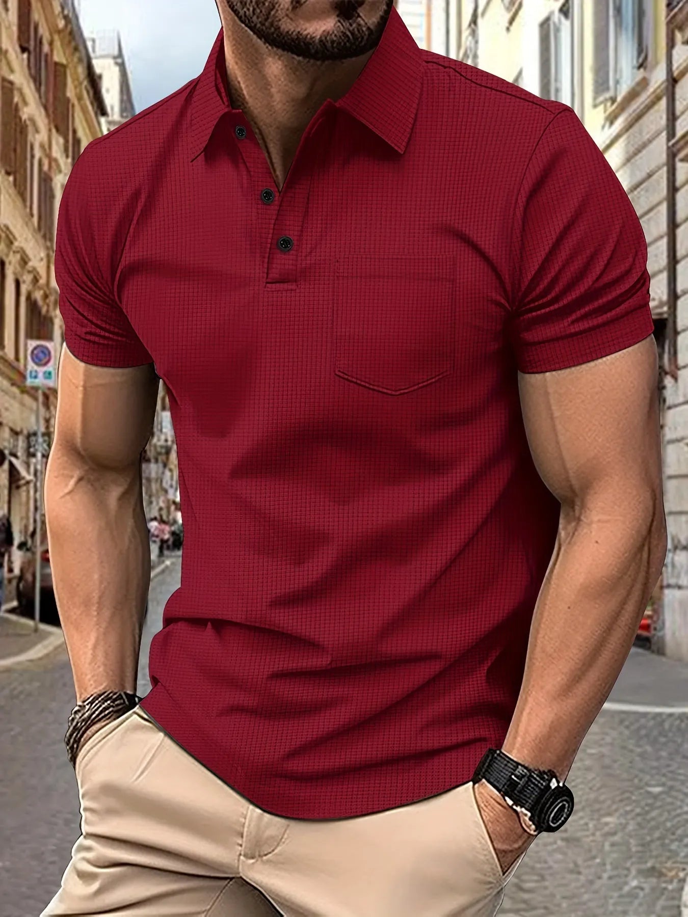 Slim-fitting Turtleneck Pocket Waffle Top with Short Sleeves